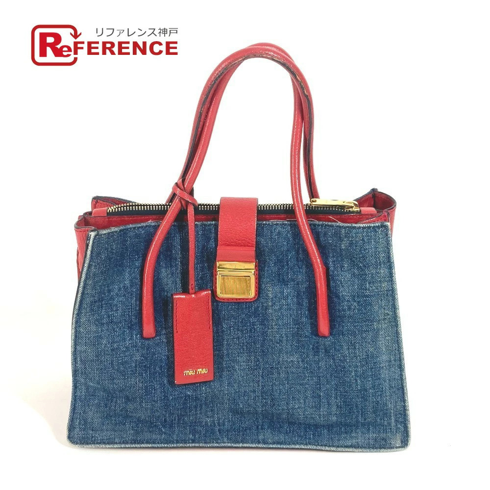Miu Miu Bicolor Logo Bag Tote Crossbody Denim Leather Blue